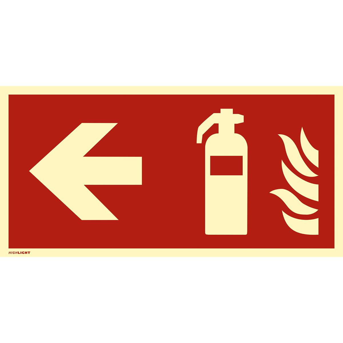 Langnachleuchtendes Hinweisschild mit dem Symbol: Linksweisender Pfeil + Feuerlöscher