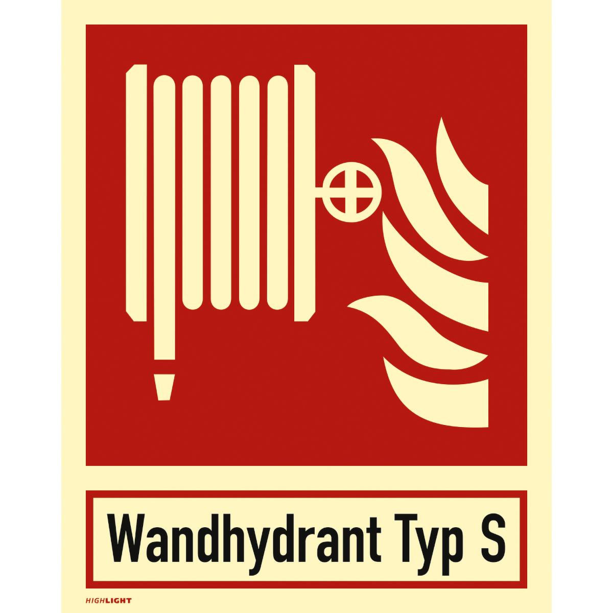 Langnachleuchtendes Hinweisschild mit dem Text+Symbol: Wandhydrant Typ S/Löschschlauch