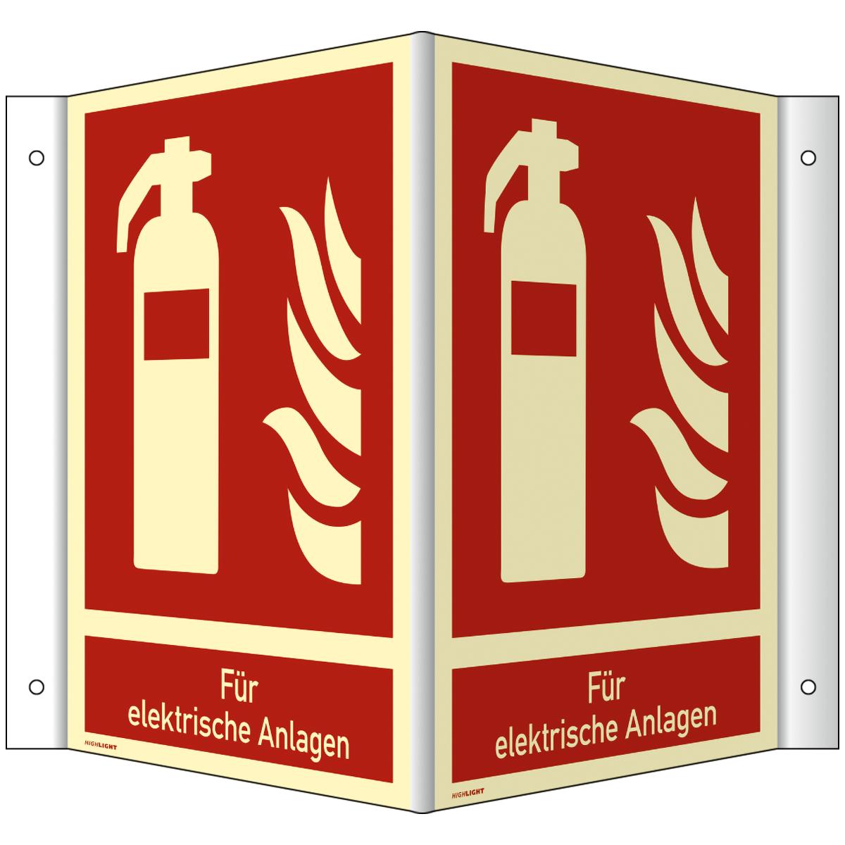 Langnachleuchtendes Winkelschild mit dem Symbol: Feuerlöscher für elektrische Brände