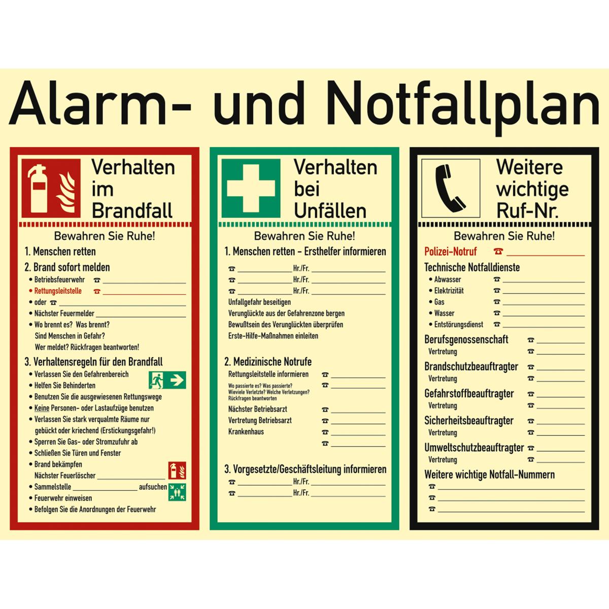 Langnachleuchtendes Hinweisschild für Alarm- und Notfallpläne