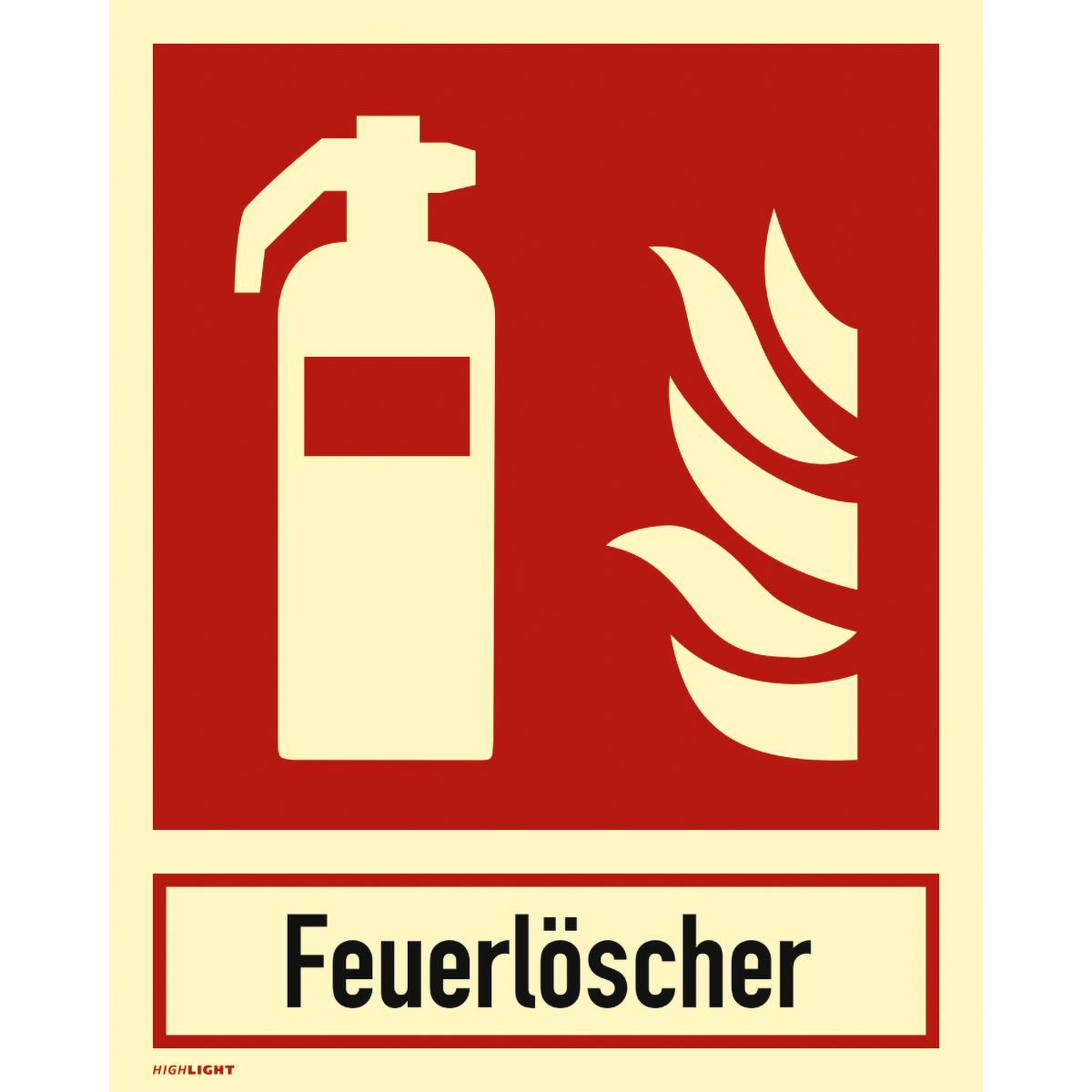Langnachleuchtendes Hinweisschild mit dem Text+Symbol: Feuerlöscher