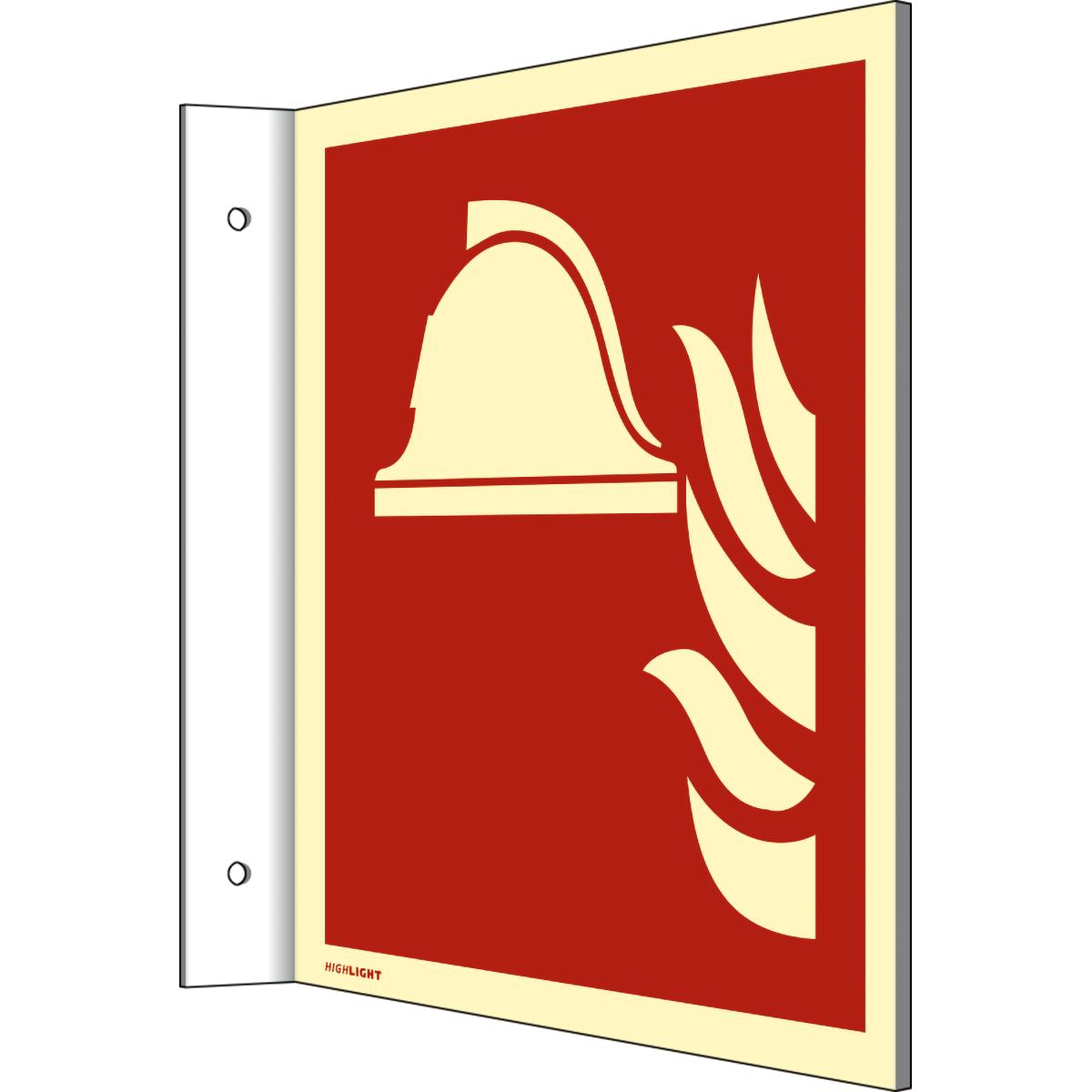 Langnachleuchtendes Fahnenschild mit dem Symbol: Mittel und Geräte zur Brandbekämpfung