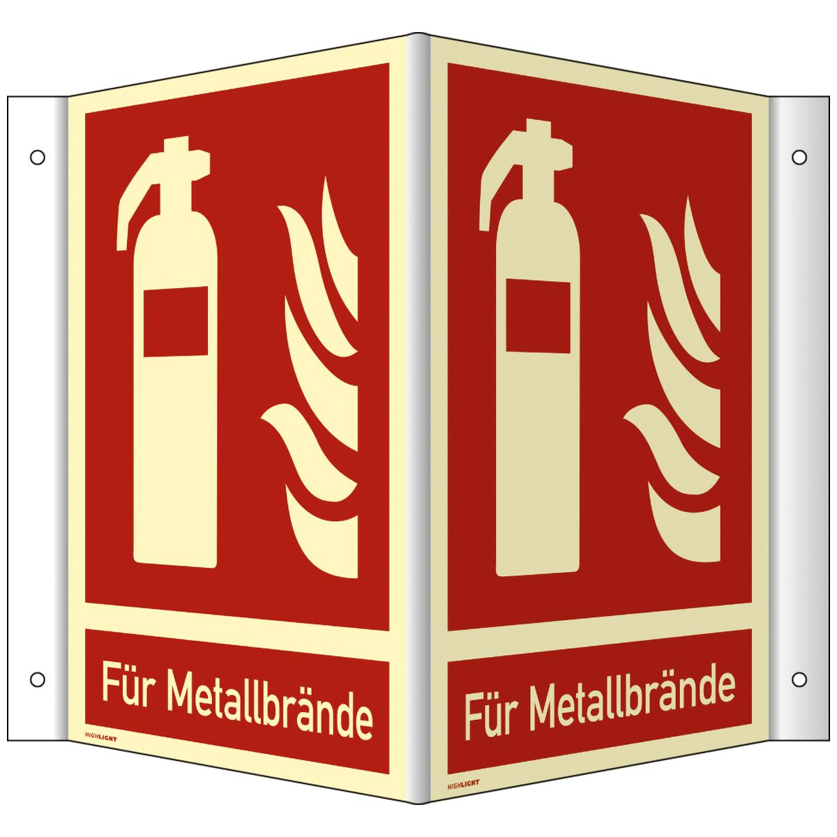 Langnachleuchtendes Winkelschild mit dem Symbol: Feuerlöscher für Metallbrände