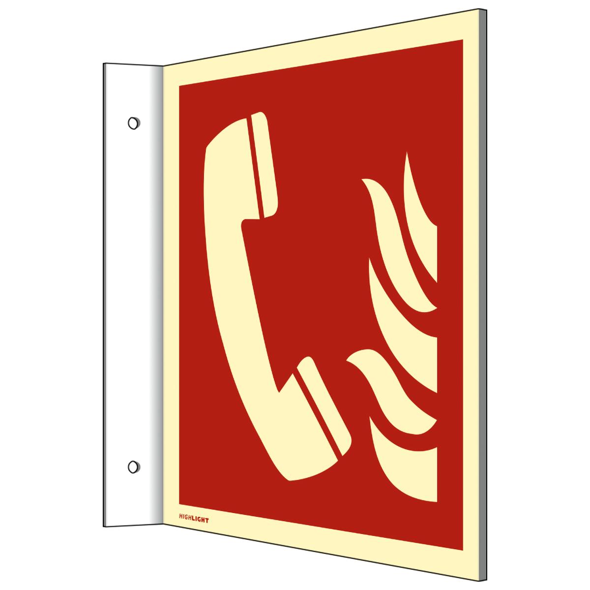 Langnachleuchtendes Fahnenschild mit dem Symbol: Brandmeldetelefon