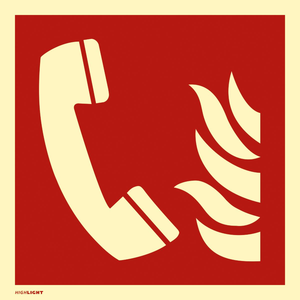 Langnachleuchtendes Hinweisschild mit dem Symbol: Brandmeldetelefon