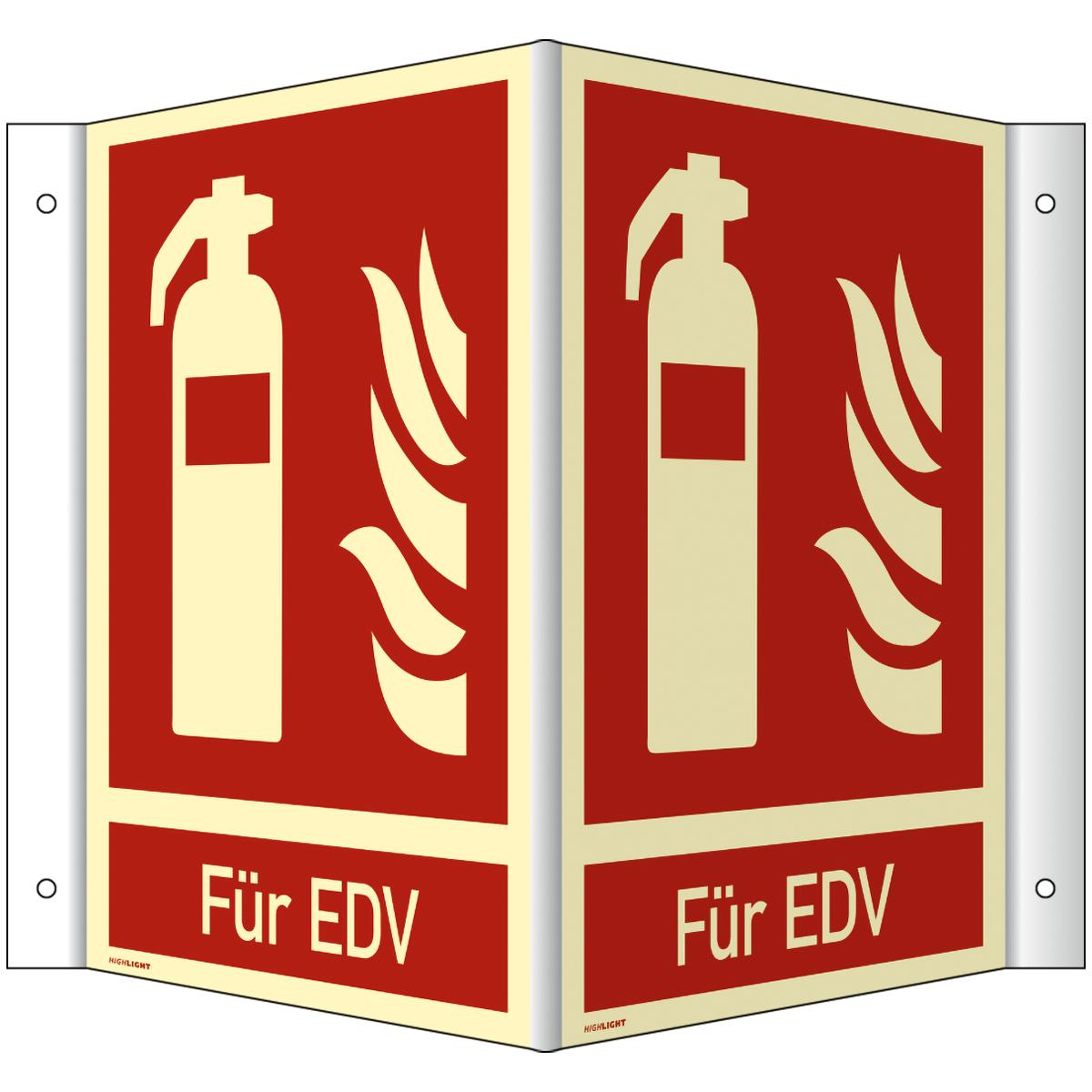 Langnachleuchtendes Winkelschild mit dem Symbol: Feuerlöscher für EDV