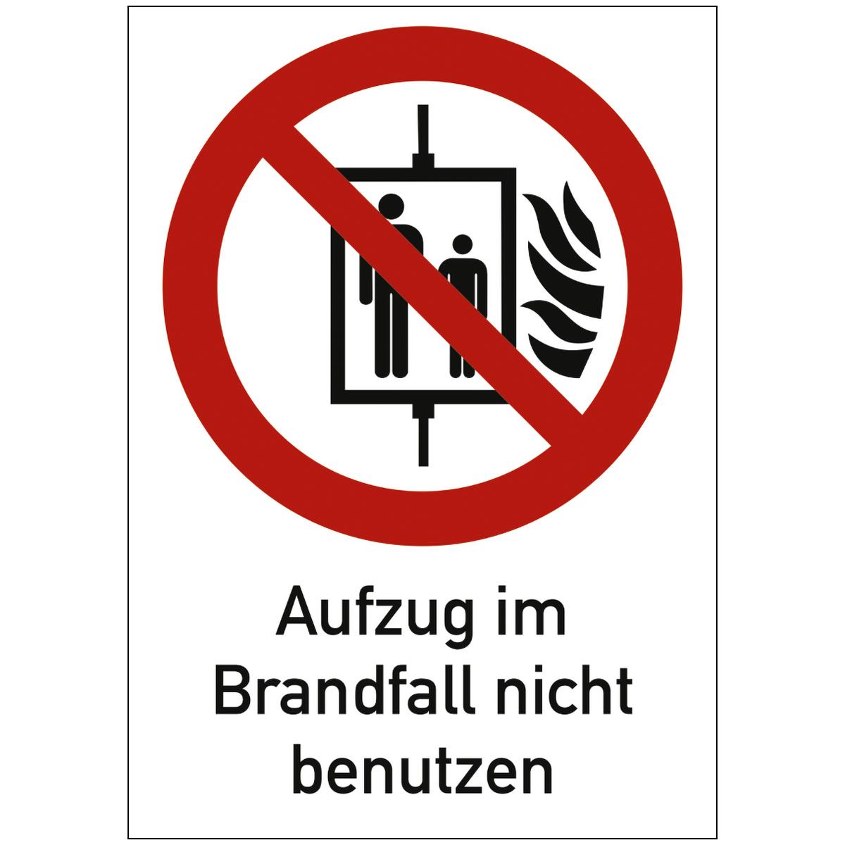 Hinweisschild mit dem Text+Symbol: Aufzug im Brandfall nicht benutzen