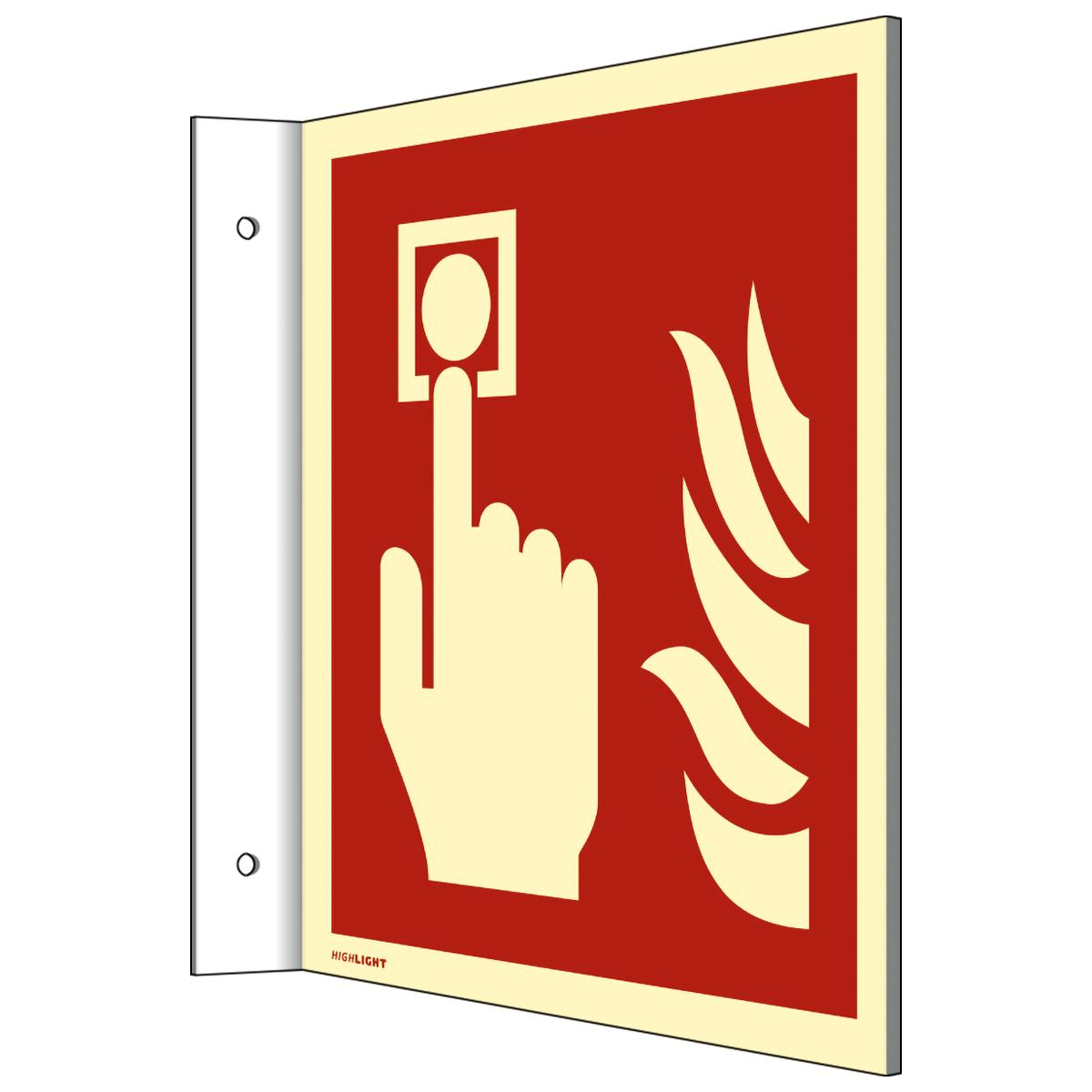 Langnachleuchtendes Fahnenschild mit dem Symbol: Brandmelder