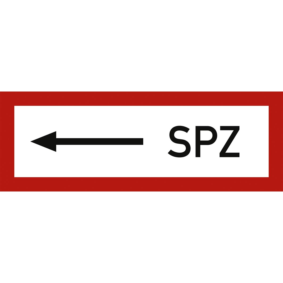 Hinweisschild mit dem Text: SPZ + Pfeil nach links